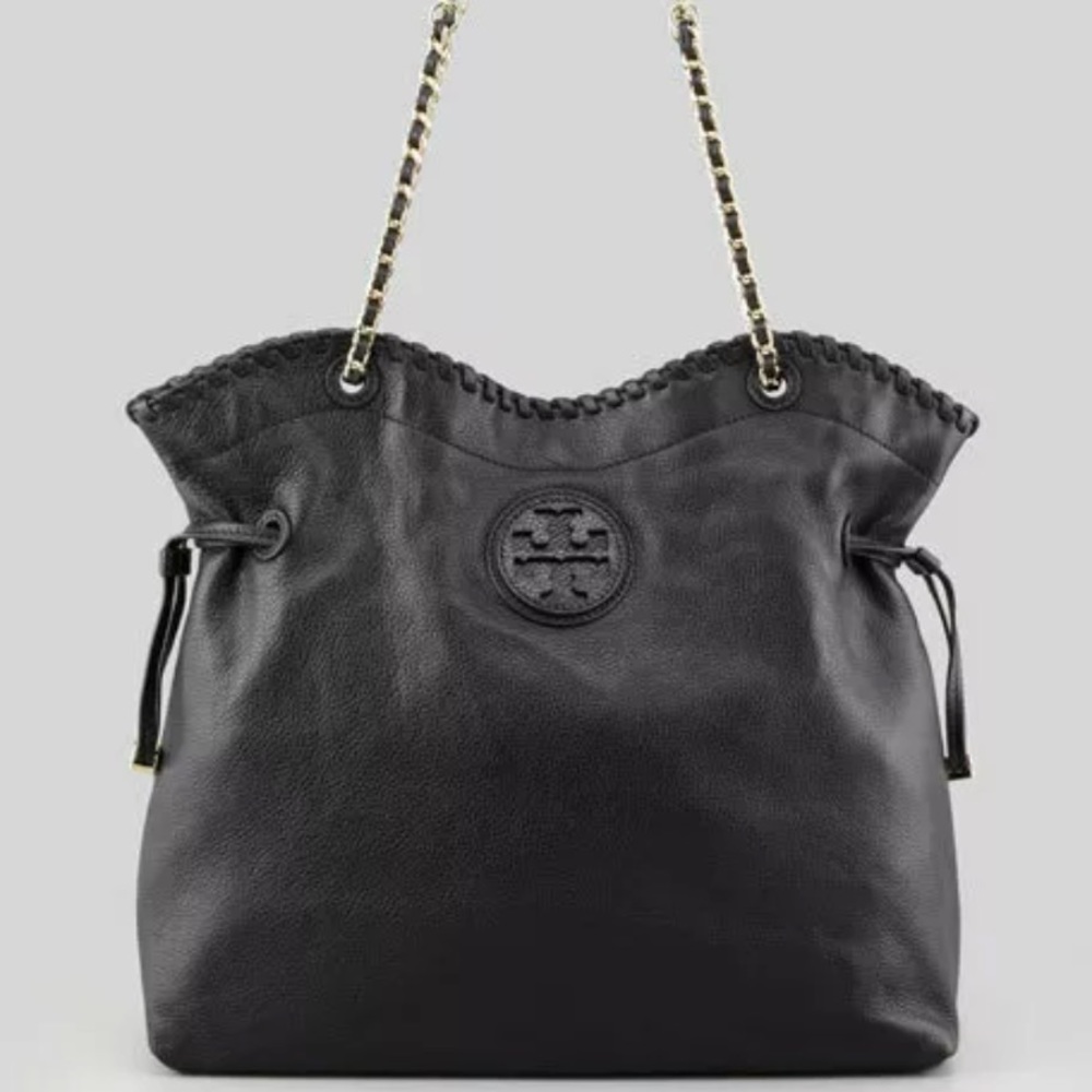 Tory Burch Black Marion Large Tote Purse Bag Pebbled Leather Gold Chain …